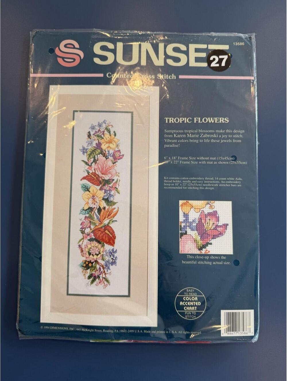 Vintage 1994 Sunset Counted Cross Stitch Tropical Flowers Rare Pattern New